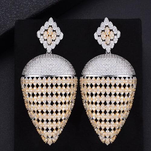 69MM Popular Geometry Rhombus Pierced Hollow Pendant Full Cubic Zirconia Dangle Earings Women Wedding Bridal Jewelry