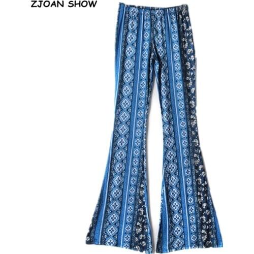 Blue Ethnic Geometric Print Flare Pants Women Bohemian Tribal African Hippie Pants Bell Leggings Bottom Long Trousers