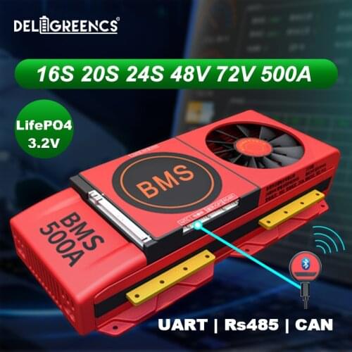 16S 20S 24S 500A LiFePO4 Smart BMS with Fan UART RS485 modbus Bluetooth CAN Communication 48V 72V battery pack Faster Cooling