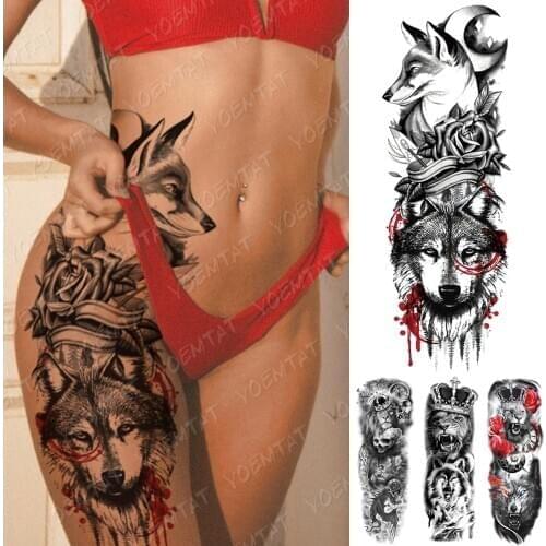 Large Arm Sleeve Tattoo Fox Moon Wolf Rose Waterproof Temporary Tatto Sticker Lion Crown Waist Leg Body Art Fake Tatoo Women