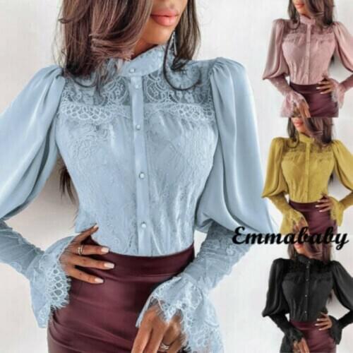 Womens Solid Color Loose Chiffon Lace Long Lantern Sleeve Patchwork Button Casual Fashion Blouse 2020 Hot Sale Free Shipping