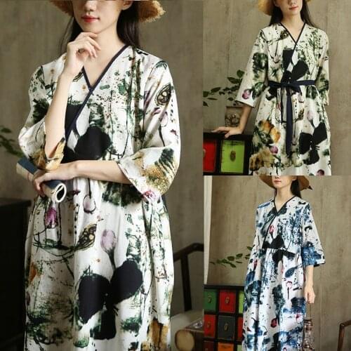 Spring Autumn Chinese Style Womens Robe Long Coat Hanfu Floral Printed Female Sleepwear Mid Waist Cotton Retro Pajamas Dresses