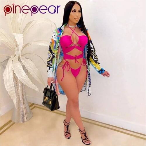 PinePear Women 3 Piece Swimsuit Set 2022 Summer Colourful Print Bikini Set Female Beach Cover Up Dress Cardigan Ladies Swim Suit