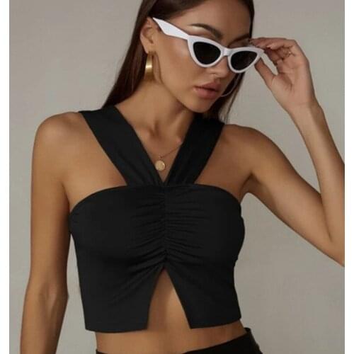2021 Summer Women’s Fashion Solid Color Vest Sexy Pleated Irregular Split Exposed Navel Sleeveless Tops For Seaside Beach Dating