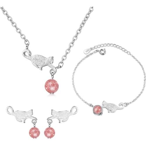 Fashion Strawberry Crystal Cat Pendant Girls Necklace Bracelet Sets Of Jewelry Women Quality Silver 925 Earrings Female Bijou