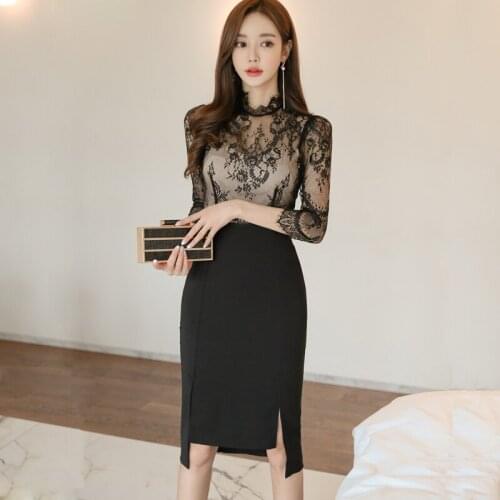 Floral Embroidery Lace Patchwork Summer Dress Women Office Stand Neck Sheath Bodycon Dress Split Transparent Party Dress A565