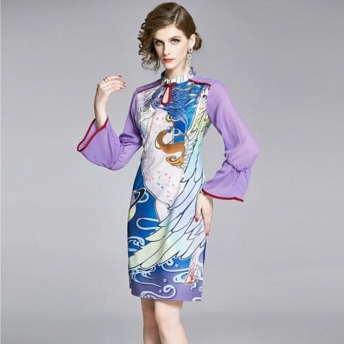 2021 Spring Summer Womens Dress Chinese Style Retro Stand-up Collar Printed Flared Sleeve Dress New Female Slim Dresses X328