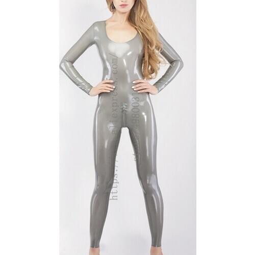 Womens sexy silver latex bondage in Zentai with crotch zip decorations what is made of 0.4mm natural & flexible latex materials