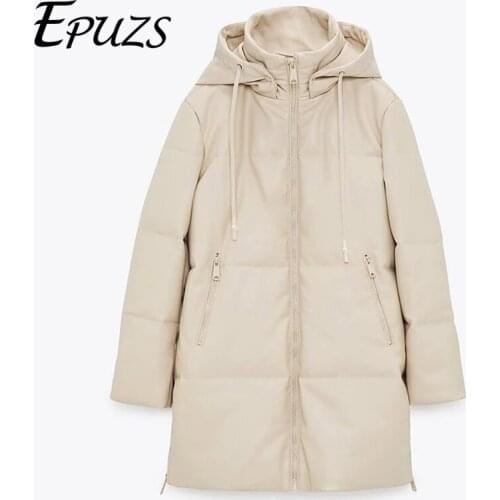 Winter Hooded parka black Padded PU parka women Faux leather jacket female loose zipper overcoat casual warm long coats 2021