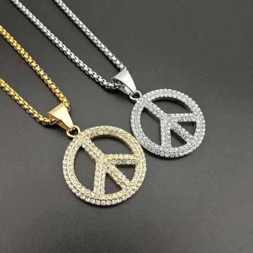 2 color Vintage Peace Symbol Pendant Necklace with zircon for Men Retro Silver Color Stainless Steel Male Necklace Free Chain
