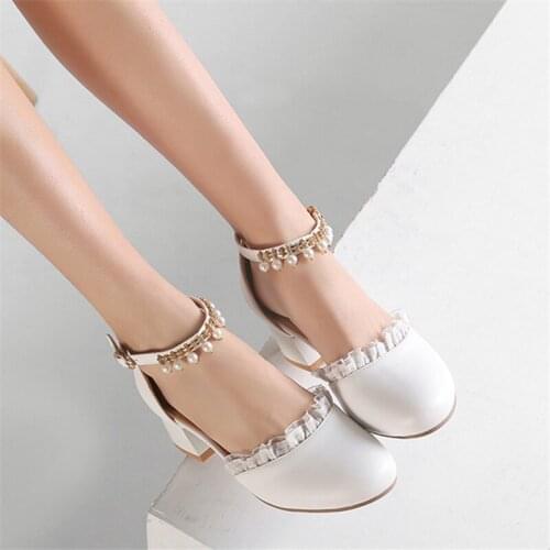 2020 Fashion Womans Shoes Pumps Block Heel Spring Pearls Buckle Strap Pumps Medium Heels White Dress Wedding Shoes Woman Pink
