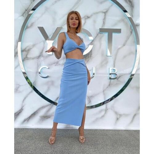 2021 new Summer blue orange white bandage Two Piece Set Women Sleeveless Crop Top Draped Split Long Skirts Sets