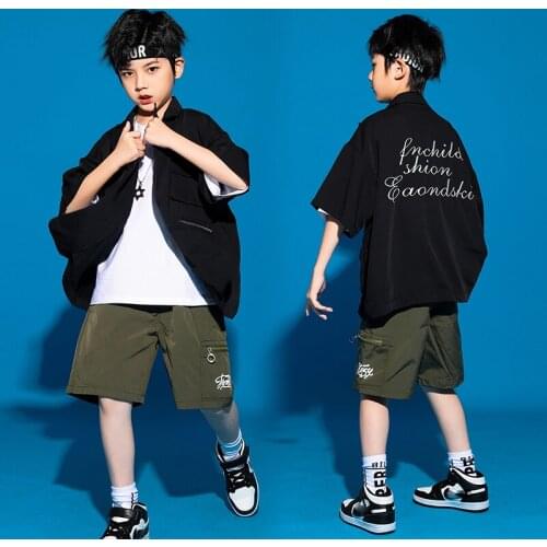2021 Hip Hop Dance Clothes For Boys Black Coat Hiphop Outfits Children Jazz Dance Performance Costumes Stage Costumes DQS7184