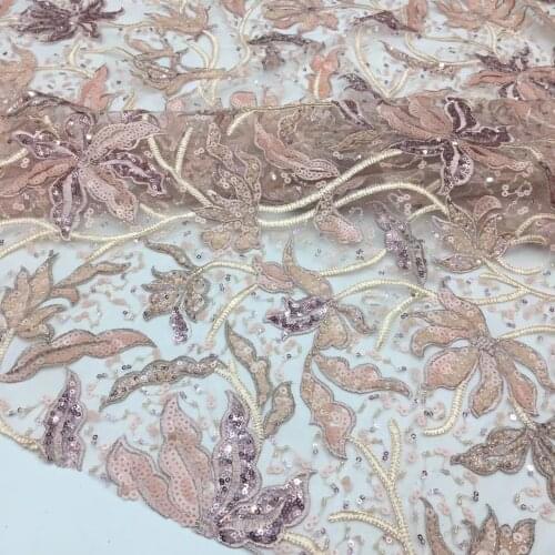 5yards/pc) Wonderful sequins tube beads embroidered French net lace peach African tulle lace fabric for party dress FSS360