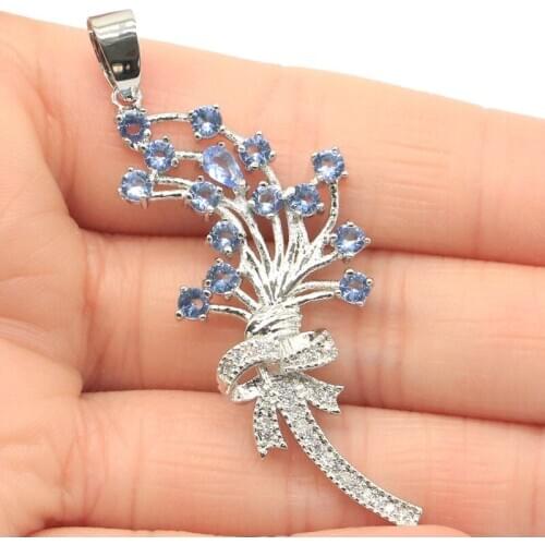 57x21mm Classic Created Rich Blue Violet Tanzanite Natural CZ Gift For Ladies Silver Pendant