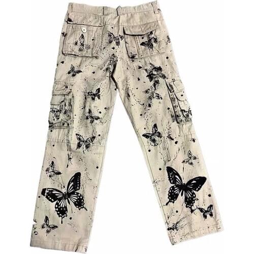Artist Splash-Ink Butterfly Print Cargo Pants Couple Tie-Dye Punk Hip Hop Grey Trousers