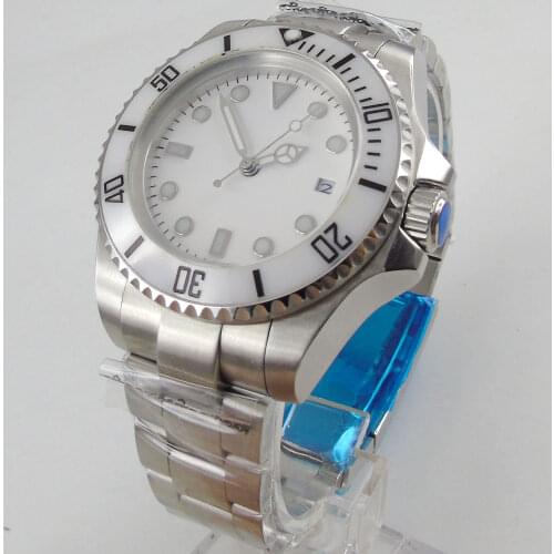 44mm White Dial Ceramic Bezel SS Case NH35 Luminous Hands 2019 Top Brand Luxury Date Window Automatic Mechanical Mens Watch