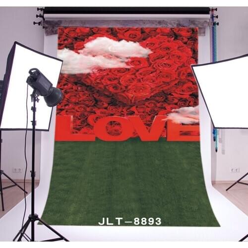 Photography Backdrops Valentines Day Fancy Blooming Red Rose Flowers Green Grass Field Background
