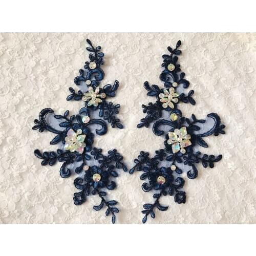 Exquisite Navy Blue Lace Applique Heavy Beaded Lace Mirror Pair For Costume Design, Bridal Headband