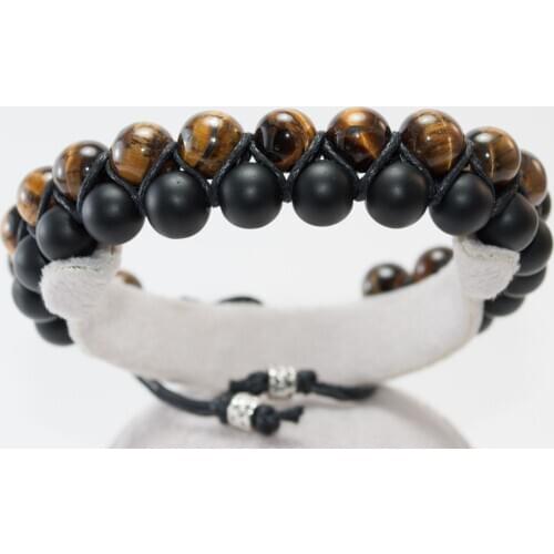 Brown Tiger 'S Eye And Onyx Double Row Knitting Natural Stone Adjustable Bracelet, Unisex