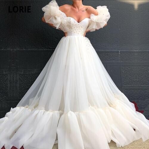 LORIE Prom Dresses Arabic Sweetheart Beaded Ruffles Off the Shoulder Organza Evening Gown Girl Party Dress for Graduation