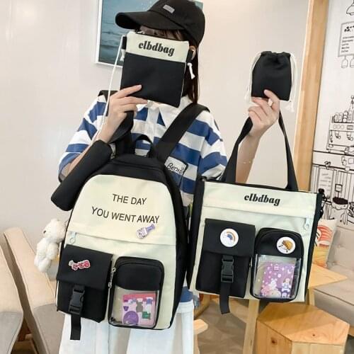 5-piece Fashion Womens Backpack Contrast Color Kawaii Pendant School Bag For Girls Large-capacity Canvas Student Shoulder Bags