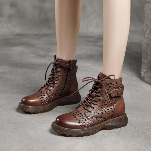 New style leather Martin boots British style beef tendon sole mid-heel hollow womens boots first layer cowhide sandals