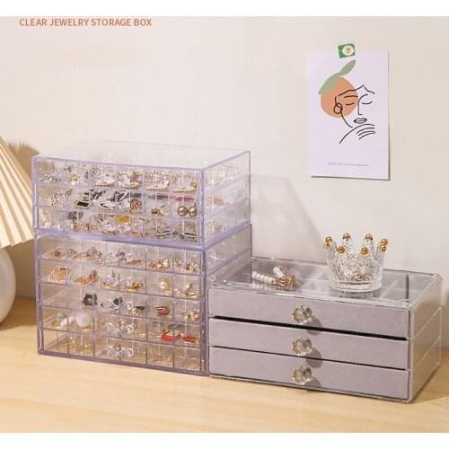 Jewelry Storage Box Storage Organizer Earrings Necklace Diamond Display Stand Flannel Drawer Transparent Plastic Box Acrylic