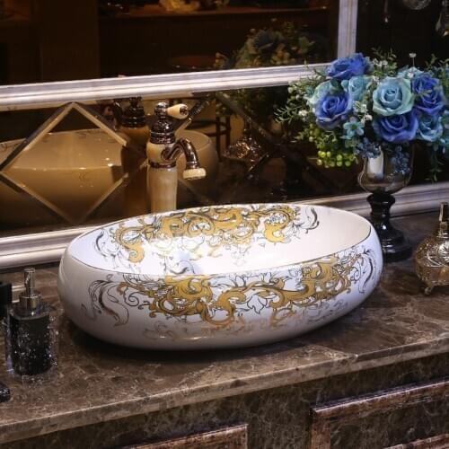 Oval shape Artistic Procelain Europe Vintage Style Art wash basin Ceramic Counter Top Wash Basin Bathroom Sinks vessel sinks