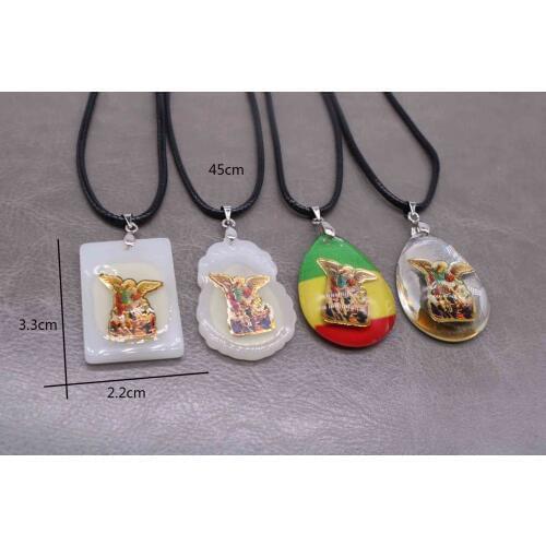 Glass leather rope necklace, religious Michael necklace, lobster buckle leather necklace, pendant rosary long chain