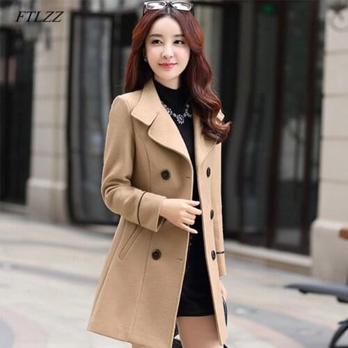 FTLZZ Women Wool Blend Warm Long Coat Autumn Winter Plus Size Female Slim Fit Lapel Woolen Overcoat Cashmere Outerwear