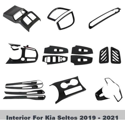 Window Lift Switch Panel Air AC Vent Outlet Water Cup Holder Cover Trim ABS Carbon Fiber Interior For Kia Seltos 2019 2020 2021