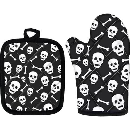 Cool Skull Print Microwave Oven Mitt Heat Proof Kitchen Glove & Pad 2pcs/Set Washable Potholder BBQ Baking Accessories Guantes
