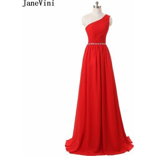 JaneVini Simple Chiffon Red Bridesmaid Dresses One Shoulder Beaded Sleeveless A Line Elegant Women Long Prom Gowns Floor Length
