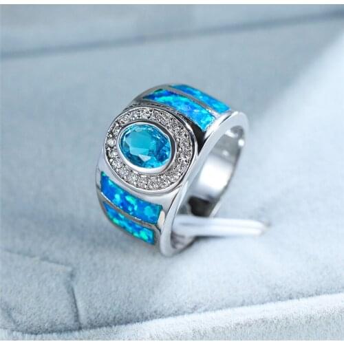 Luxury Female Aqua Blue Crystal Ring Vintage Silver Color Big Wedding Rings For Women Trendy Bridal Oval Opal Engagement Ring