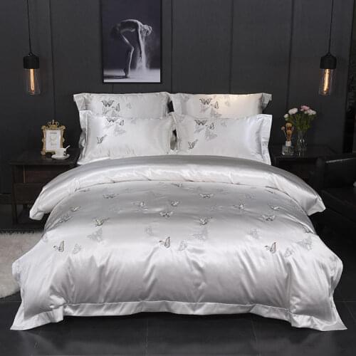 Luxury White Butterfly Embroidery Satin Jacquard Cotton Bedding Set Soft Silky Duvet Cover Bed Linen Fitted Sheet Pillowcases