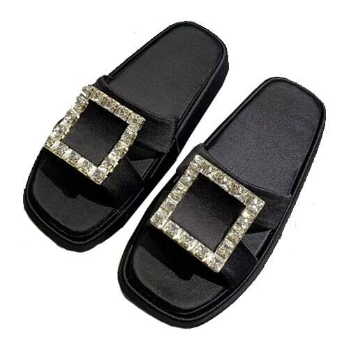 Top Quality Brand Shoes Women Silk Upper Modern Slippers Female Platform Comfortable Artificial Diamond Button Decoration Shoe