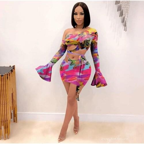 Echoine Sexy Print Off Shoulder Flare Sleeve Lace Up Bandage Crop Top Mini Skirt Set Two Piece Set Party Clubwear Matching Set
