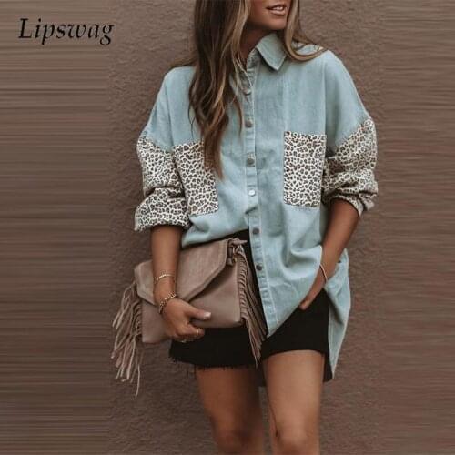Women Fashion Leopard Print Patchwork Denim Jacket Autumn Single Breasted Button Tops Shirt Coat Elegant Long Sleeve Pocket Coat