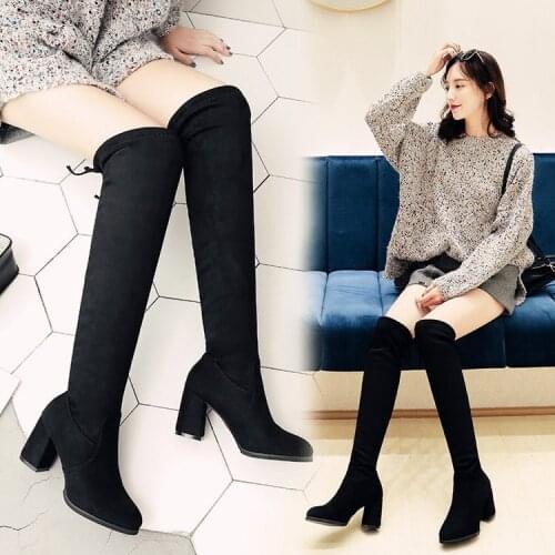 Spring Autumn Fashion Women Socks Boots Long Slim Over The Knee High Boots Female Stretch Fabric Square Heel Shoes Woman Black