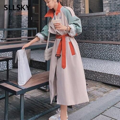 SLLSKY New Patchwork Long Women Trench Coat Casual Double Breasted Belt Loose Female Coat England Style Lady Outerwear Spring