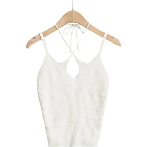 573B Women Knit Spaghetti Strap Crop Top 2 Ways Wear Halter Strappy V-Neck Camis Vest