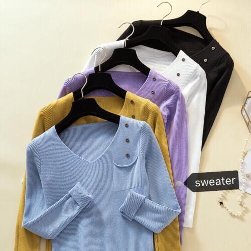 2020 Modis V Neck knit Sweater Women Pullovers Fashion Pocket Elastic Tops Female Casual Long Sleeve Sweaters Pull Femme Autumn
