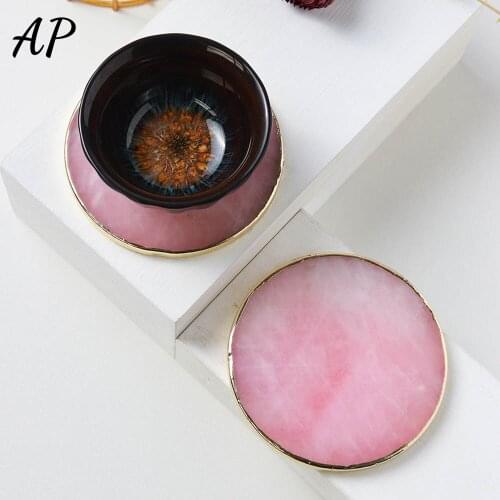1PC Natural Crystal Rose Quartz Round Coaster Gilt Edged Pink crystal Handicraft Kitchen Decoration