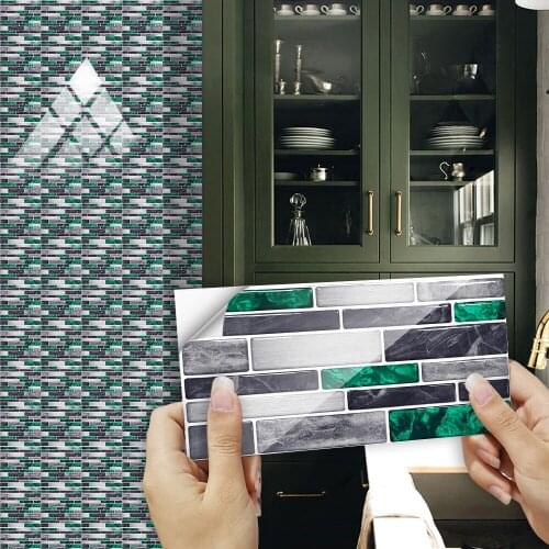 10pcs Gray & Green Flat Marble Embossing Tiles Wall Sticker Kitchen Oil-Proof Bathroom Washbasin Glossy Surface Art Wallpaper