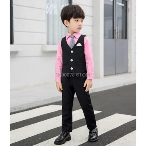 Flower Boy Vest Shirt Pants Tie 4Pcs Clothing Set White Formal Suit Kids Wedding Tuxedo Dress Children Performance Party Costume