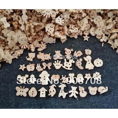W0125 Mixed Patterns Natural Color Wooden Buttons Handmade Accessory 200Pcs/lot