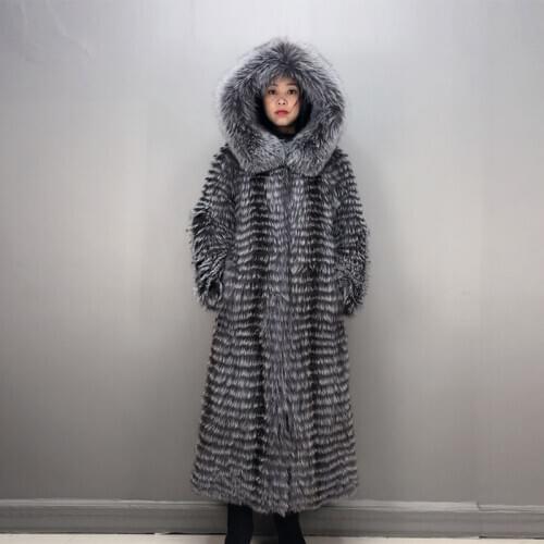 Natural fox fur long coat real fur coat women winter coat women silver fox Standing collar