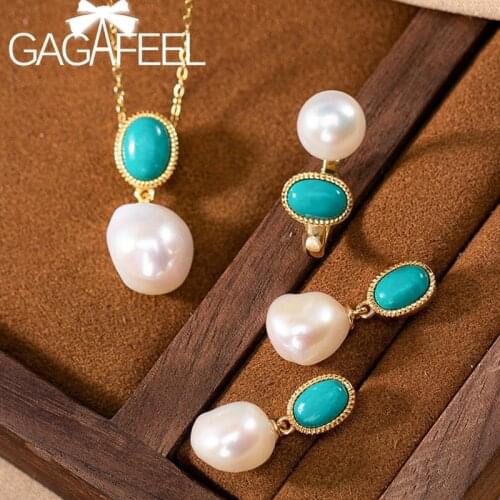 GAGAFEEL 925 Sterling Silver Natural Pearl Turquoise Temperament Ladies Light Luxury Jewelry Set Open Ring Earring Pendant