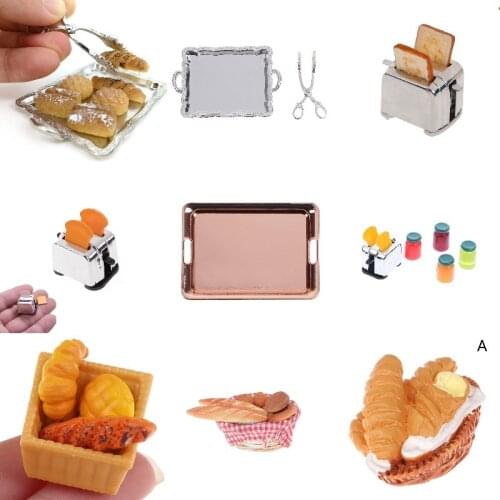 1/12 Scale Dollhouse Bread Machine With Toast Miniature Plate Clip Cake Tray Toaster Bread Basket Dollhouse Mini Accessories